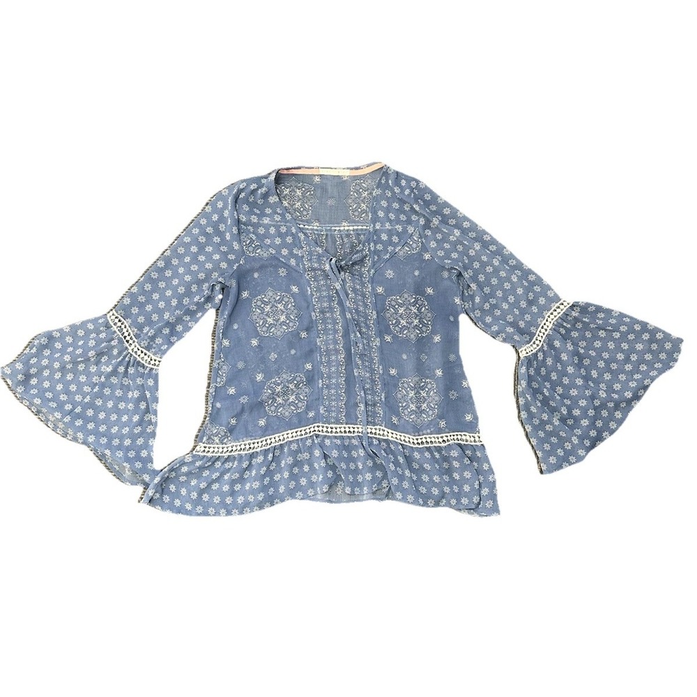 Hint‎ of Mint Top Large Blue Sheer Printed Bell Sleeve Blouse Womens